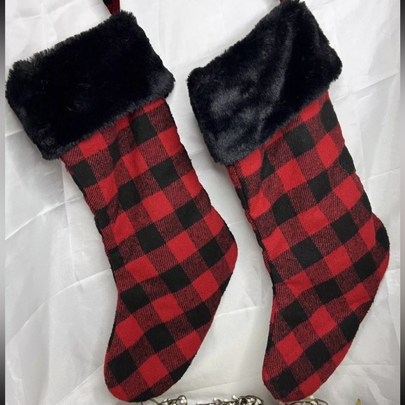 Christmas Red & Black Buffalo Check Faux Fur Stockings Set Of Two - Picture 5 of 8